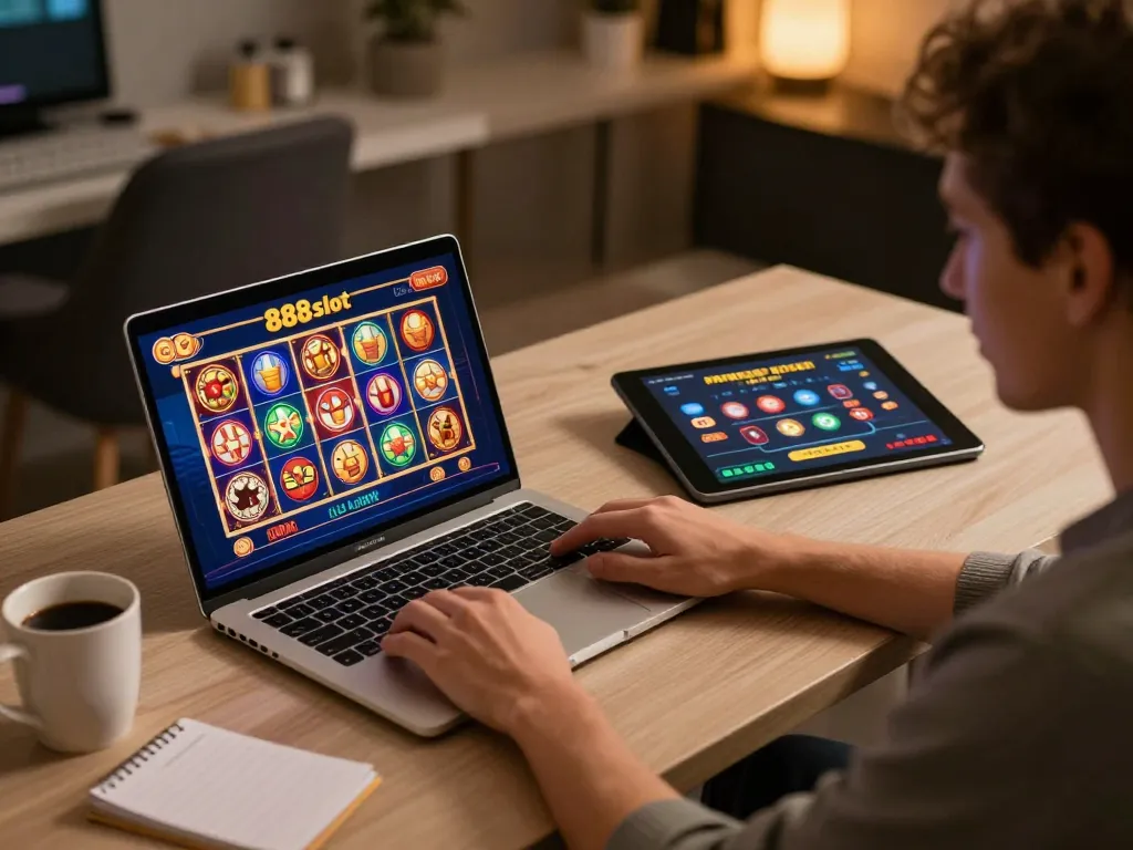 Player enjoying slot games on 888slot with laptop and tablet in cozy online gaming setup.