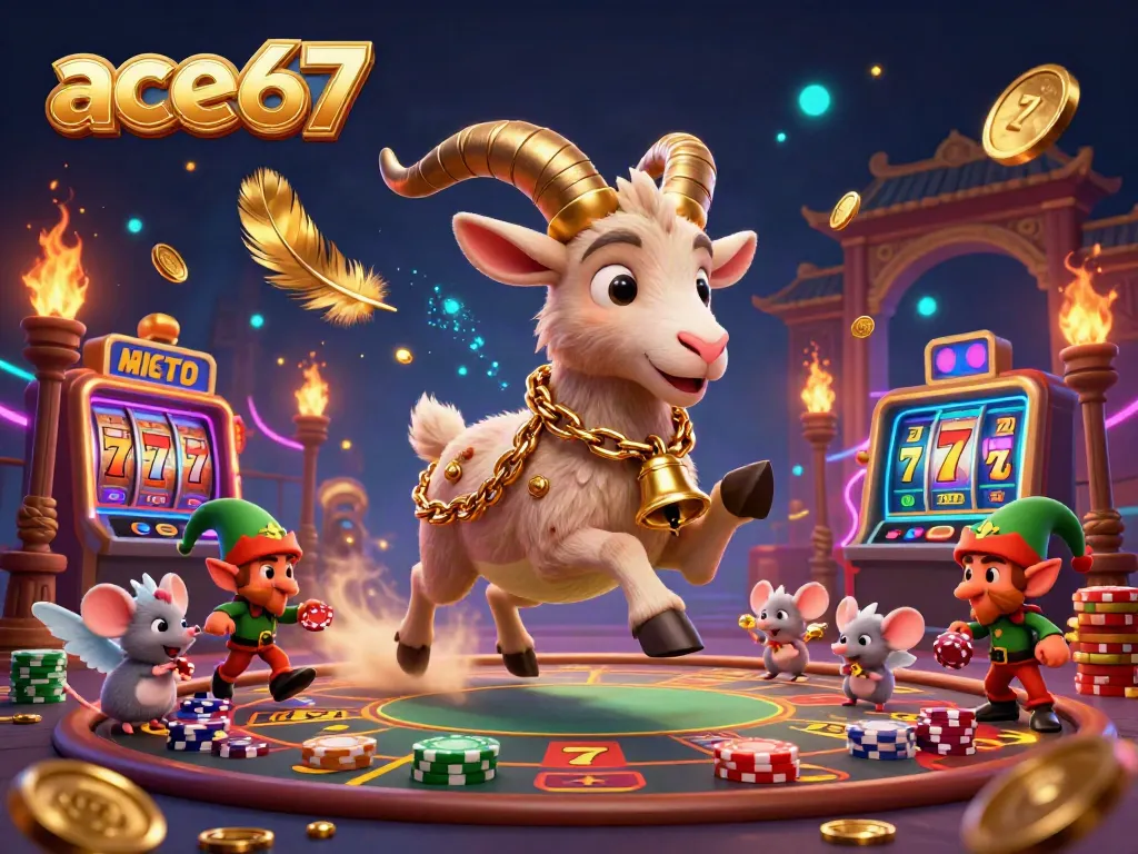 Experience ace67’s vibrant casino scene with a Krampus goat, a tiny angel, and gremlins stealing chips.
