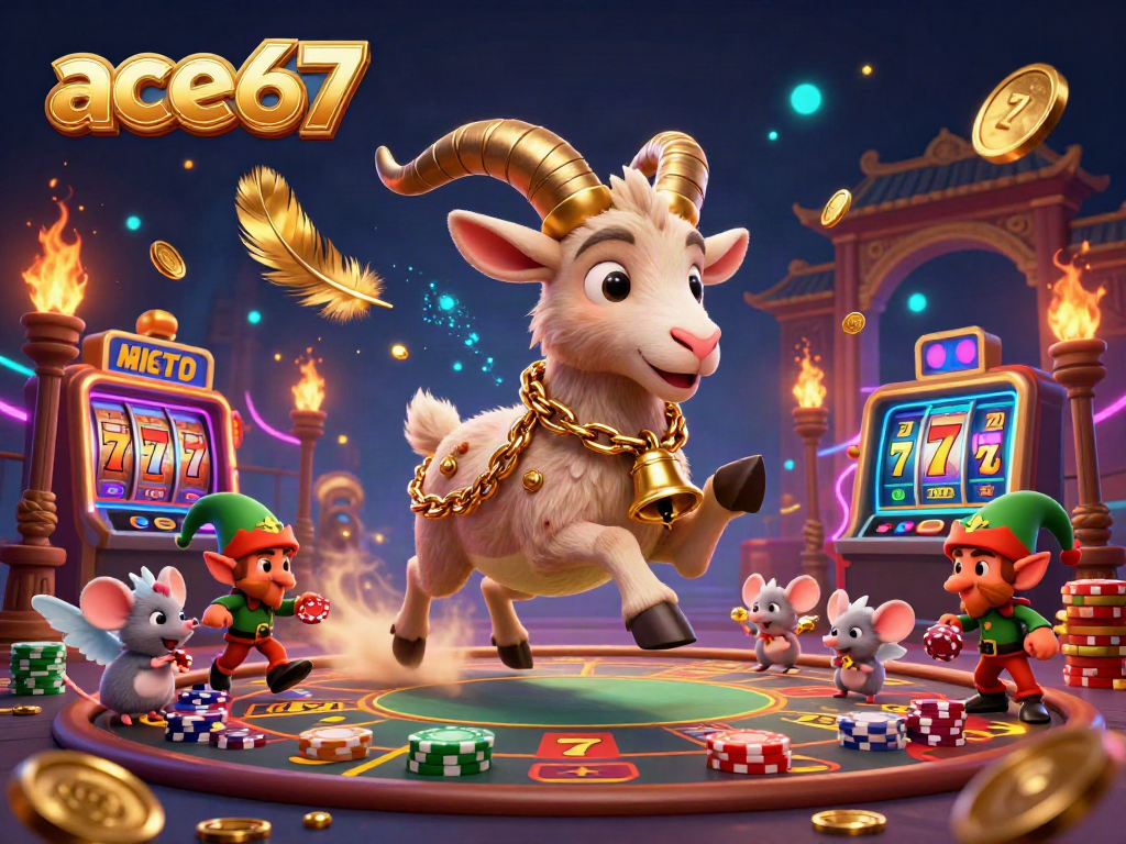 Experience ace67’s vibrant casino scene with a Krampus goat, a tiny angel, and gremlins stealing chips.