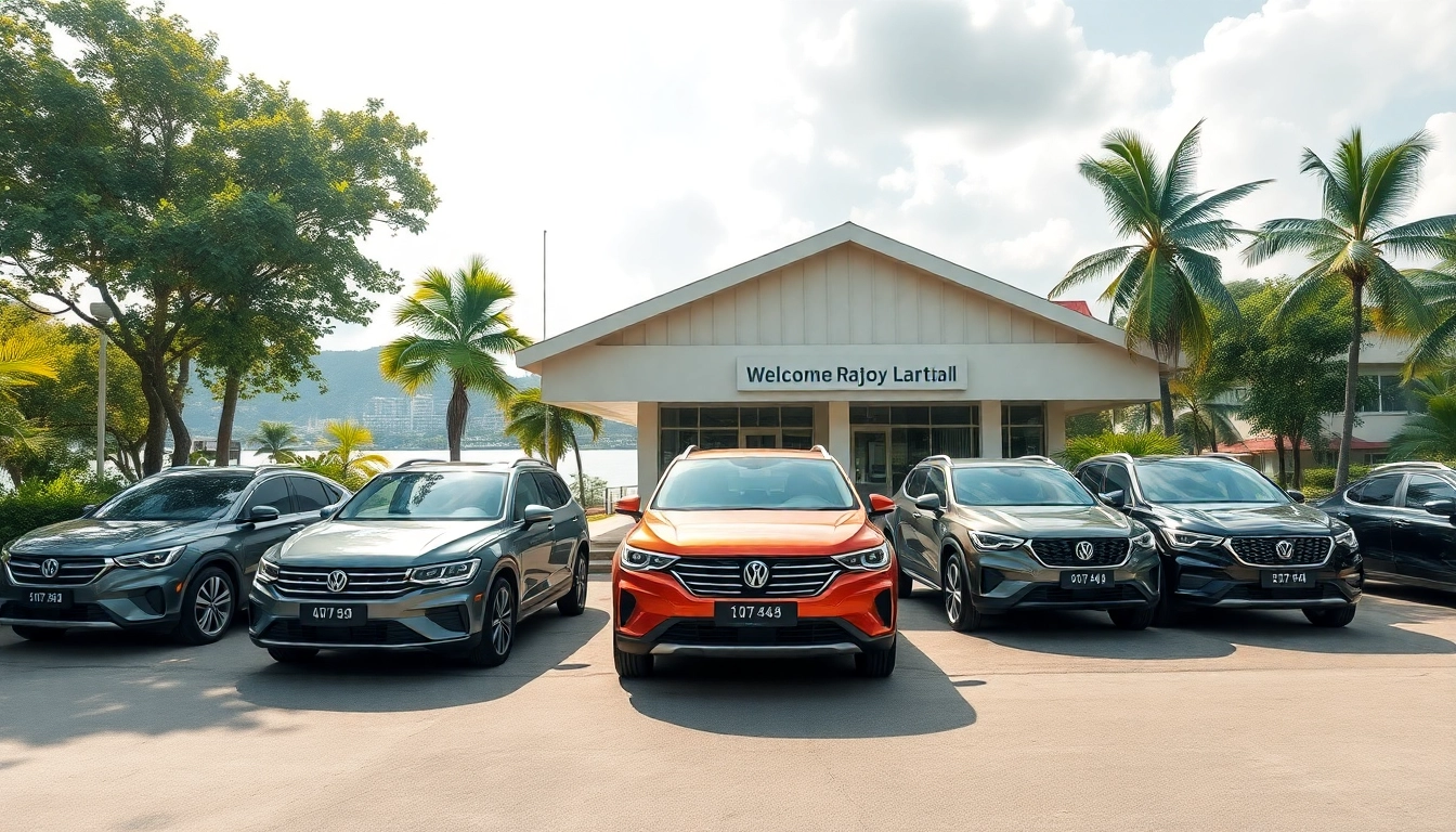 Car rental in Kuching Sarawak: A collection of rental cars in front of a welcoming office amid lush scenery.