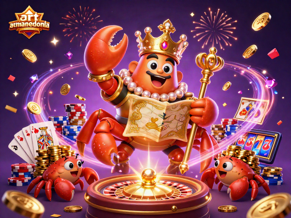 Artmageddonla showcases action-packed casino excitement with a vibrant crab emperor scepter and treasure map.