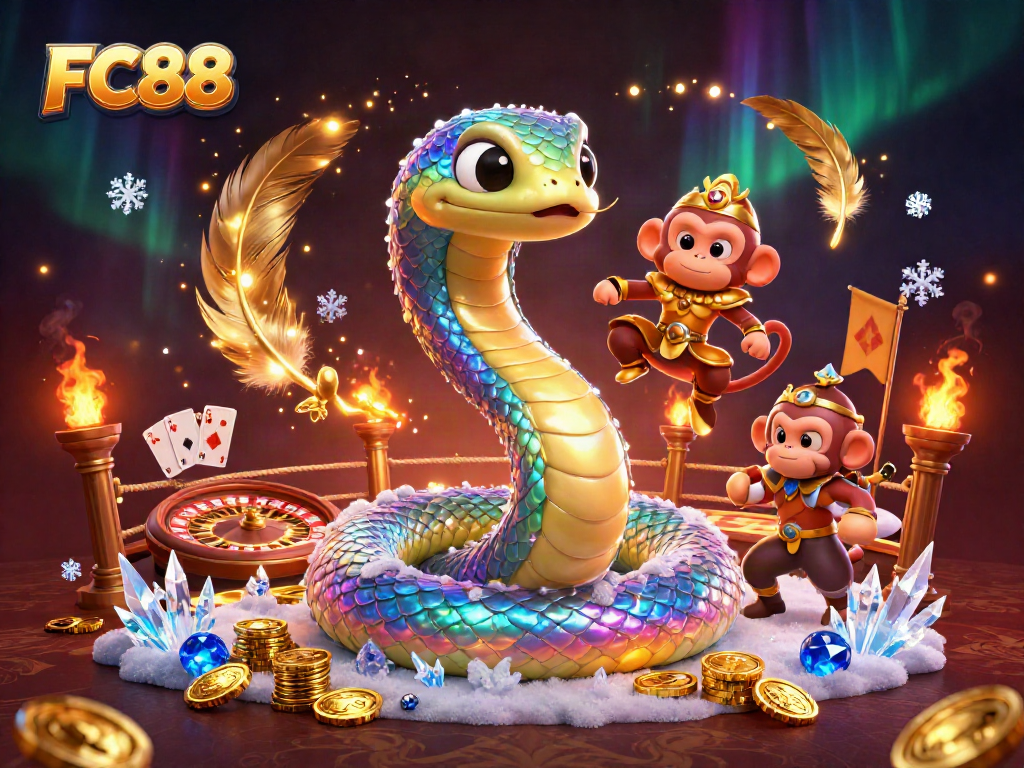 FC88 offers thrilling gaming experiences with the mesmerizing rainbow serpent and playful monkey king in a vibrant casino scene.