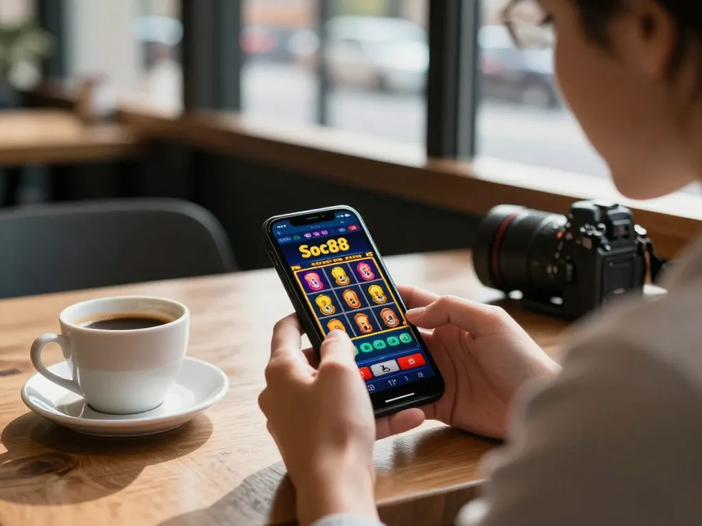 Experience winning spins on Soc88 casino app with colorful slots in a coffee shop.