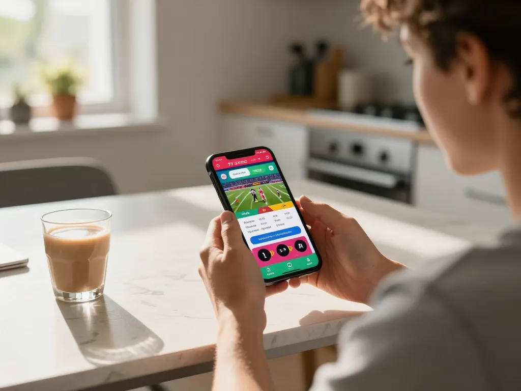 Engaging in sports betting on a smartphone at home with 77LOC's vibrant interface.