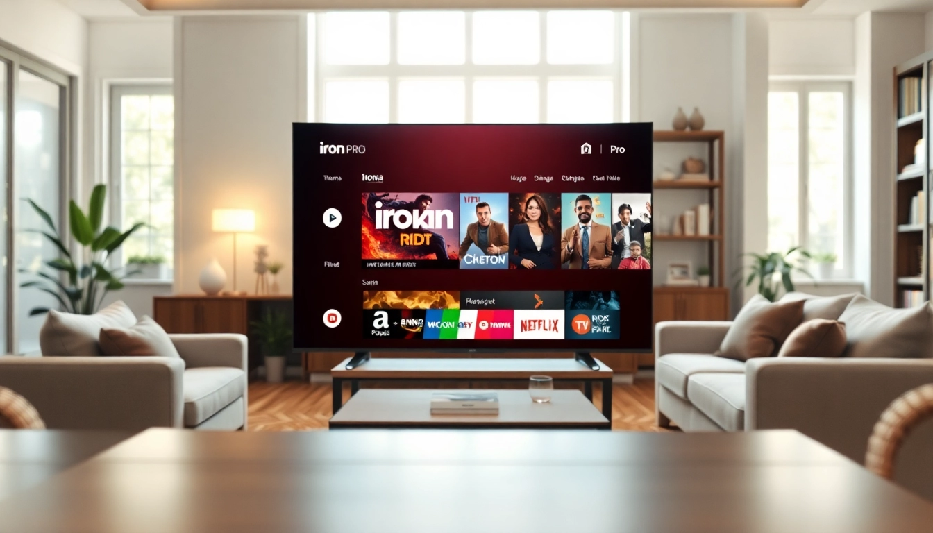 Stream "Iron TV Pro" on a modern flat-screen TV in a cozy living room.