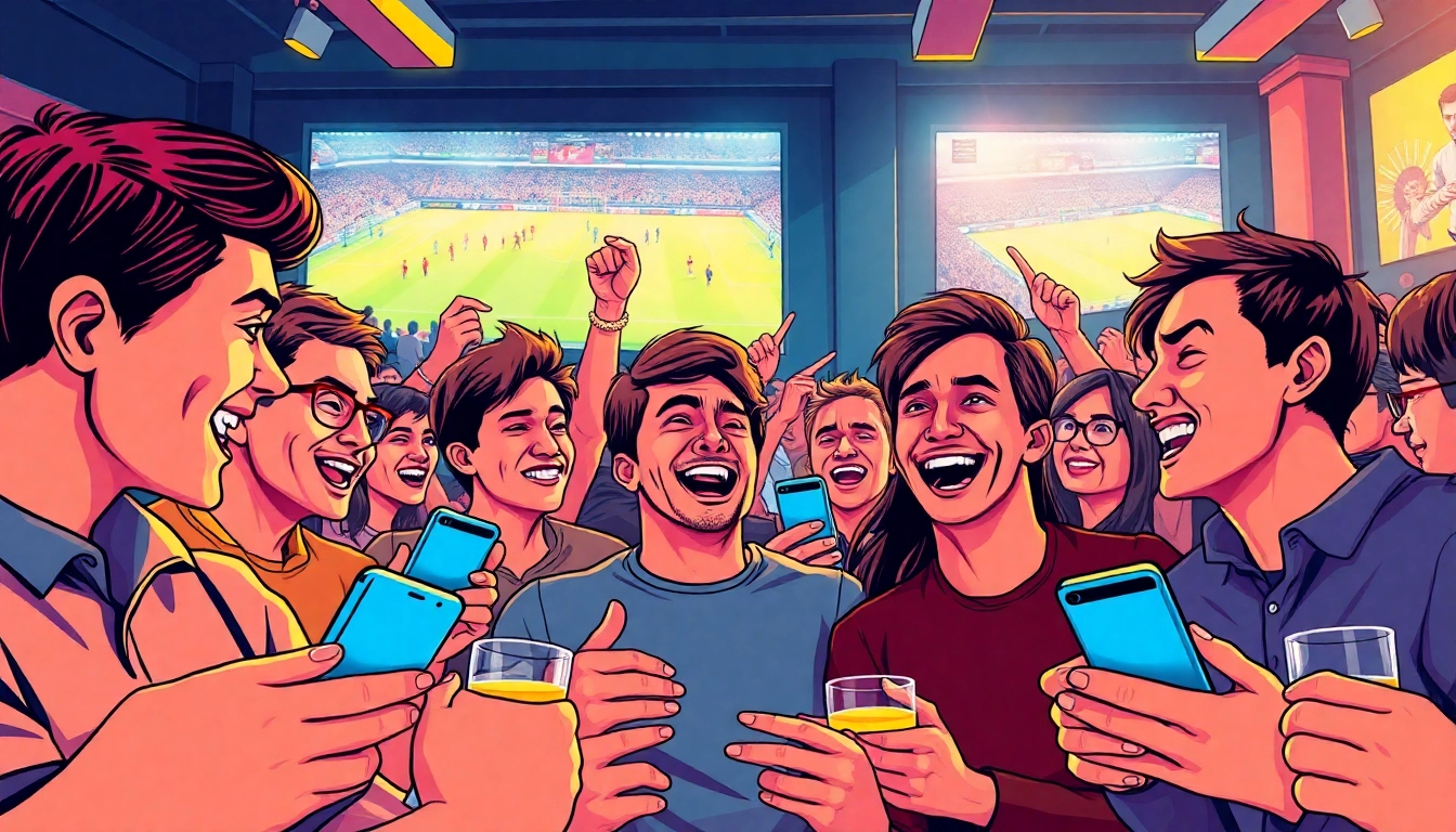 Bettors analyzing tỷ lệ kèo nhà cái during a lively football match, capturing excitement and camaraderie.