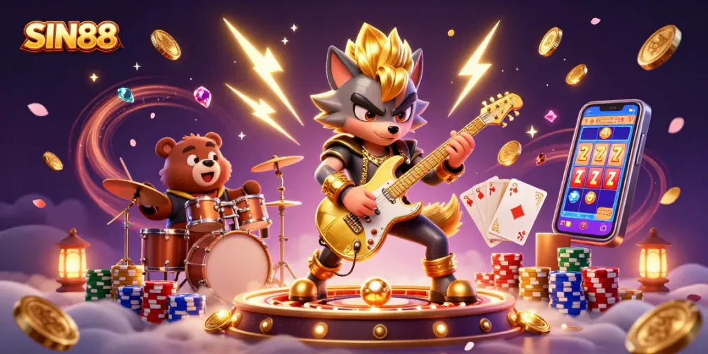 SIN88 showcases an electric performance with a wolf rock star on stage amidst golden coins and dynamic casino elements.