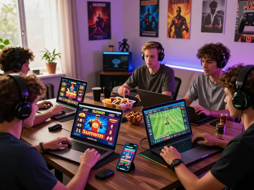 Sunwin online gaming scene with diverse players enjoying casino games on laptop, tablet, and smartphone in a vibrant home setup.