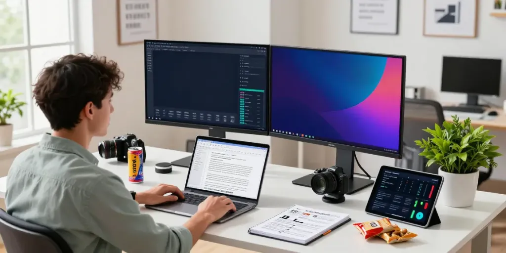 Content creator utilizing instant indexing tools in a modern workspace