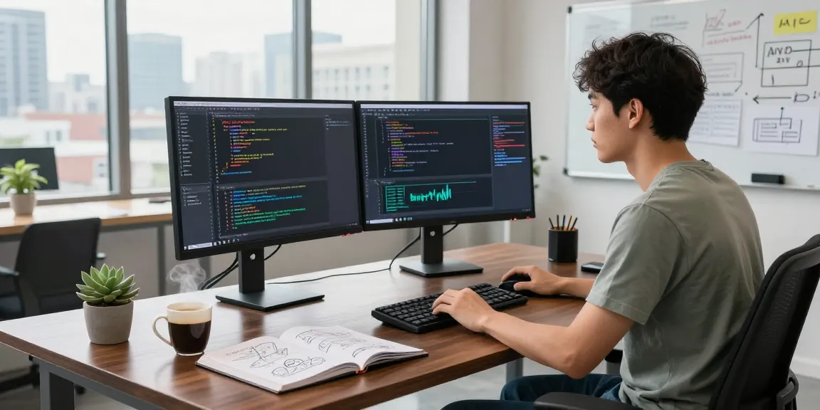 Juicy AI software developer coding in a modern office with dual monitors.
