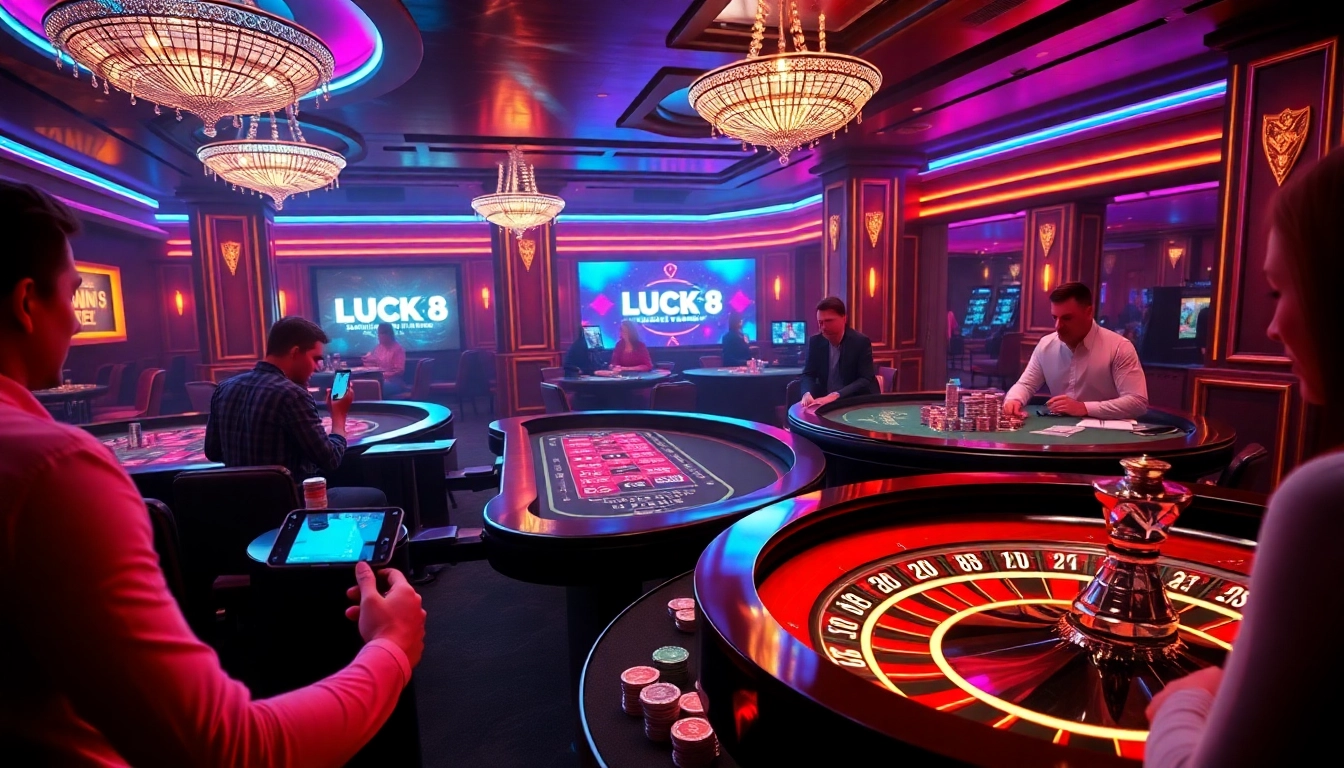 Experience thrilling online gambling with LUCK8, showcasing poker, roulette, and vibrant casino action.