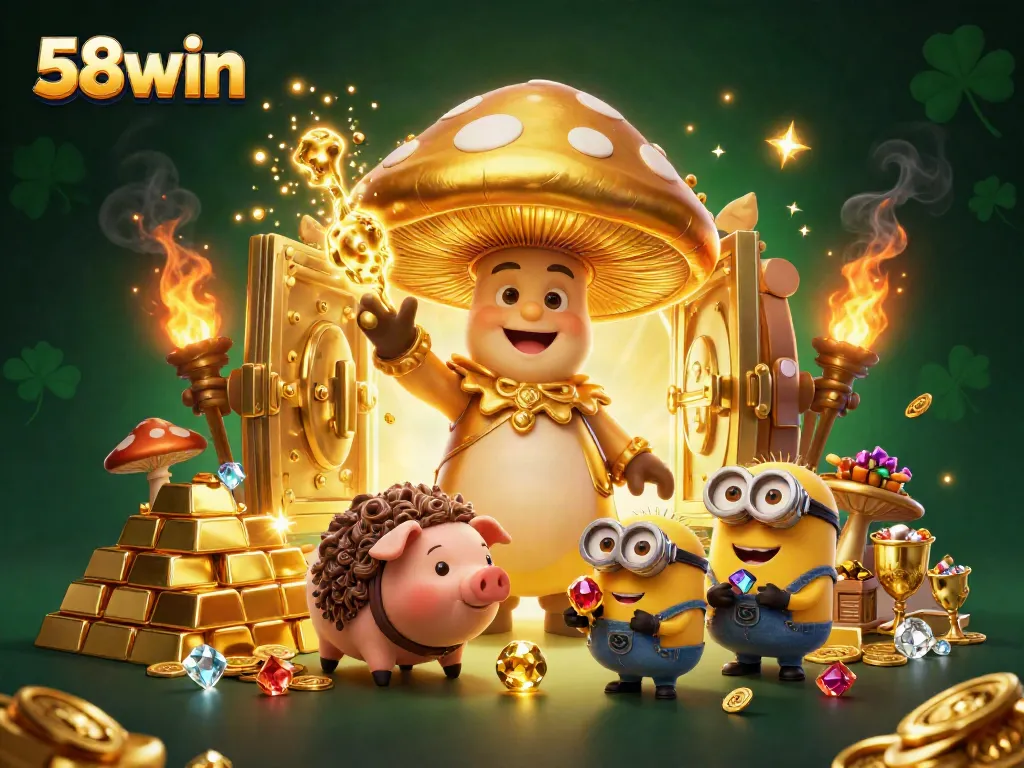 Experience the magic of winning at 58win with treasures, golden wizard, and sparkling gems.