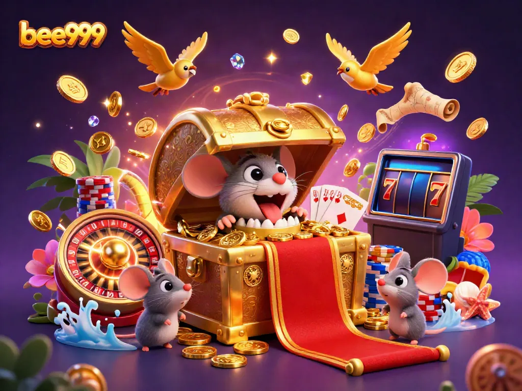 Experience the thrill of bee999 with a vibrant casino scene featuring glittering coins and adventurous characters.