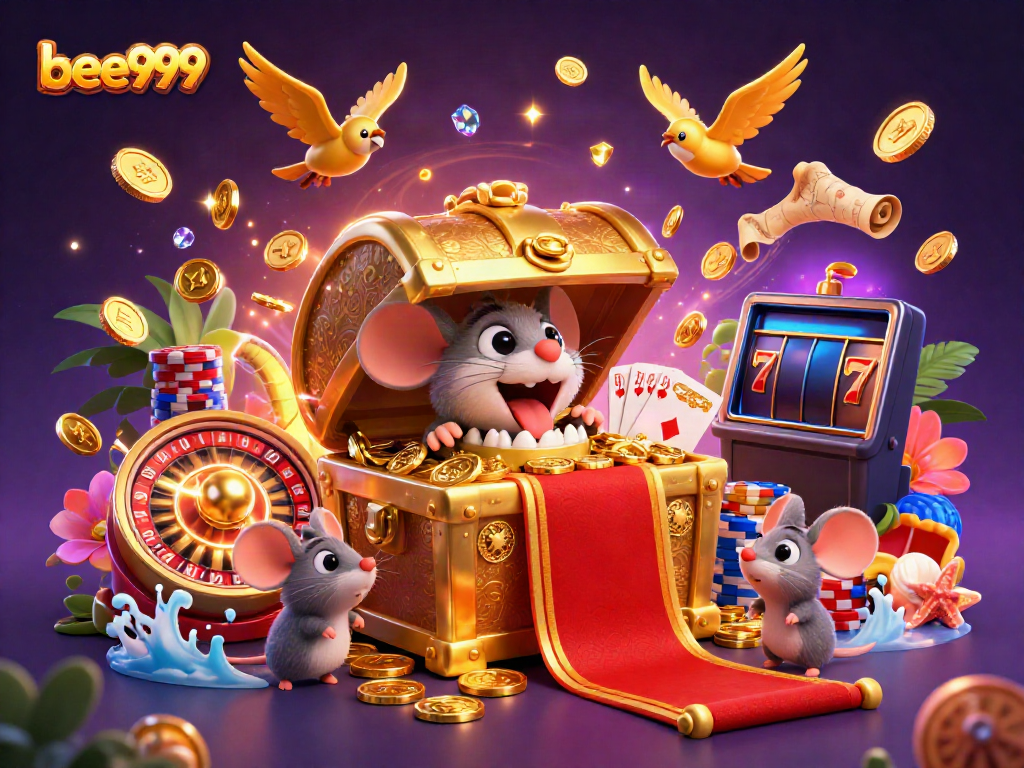 Experience the thrill of bee999 with a vibrant casino scene featuring glittering coins and adventurous characters.