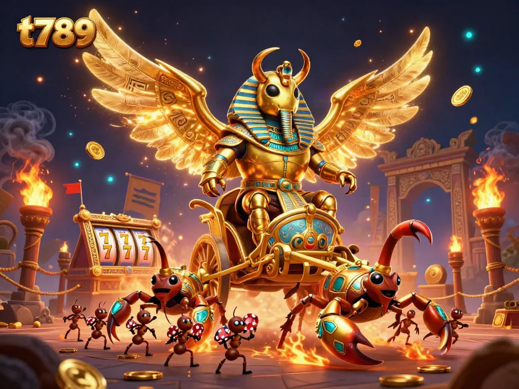 T789 delivers exciting casino action with a golden scarab beetle in armor, scorpions, and poker chips among slot reels.