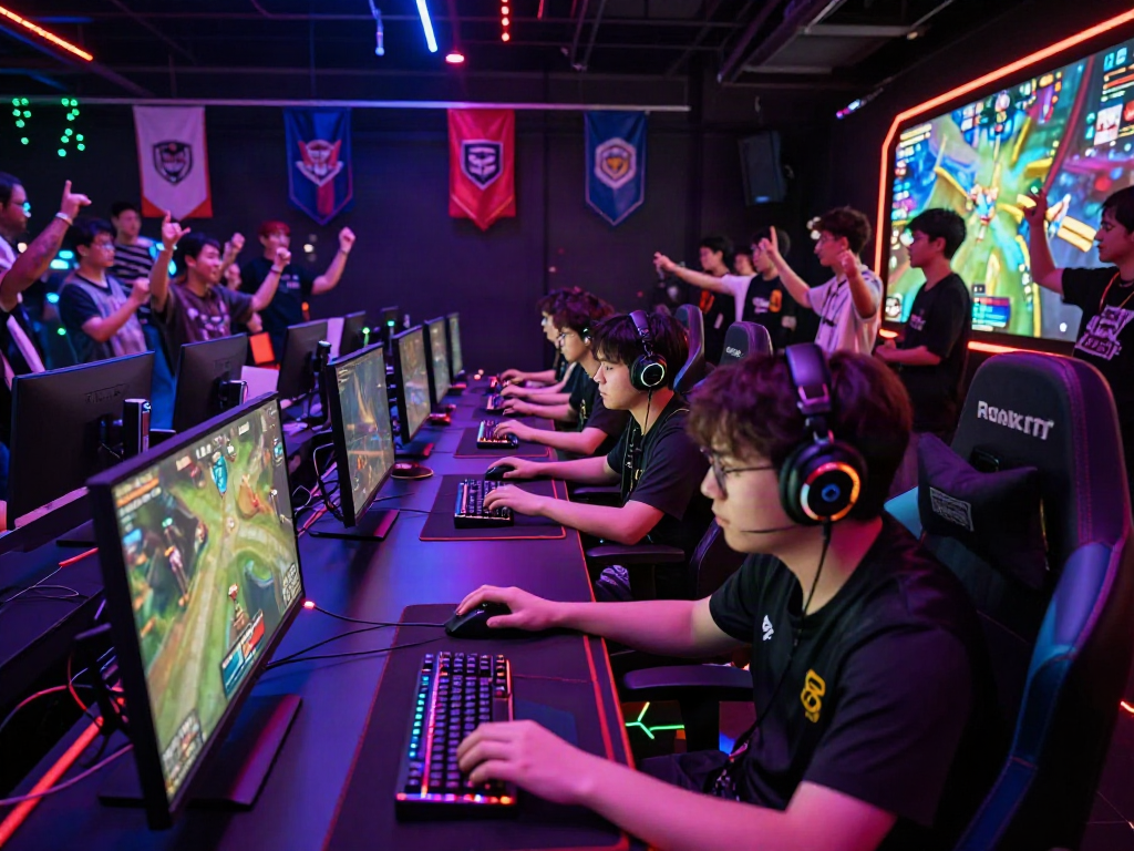 Exciting esports tournament showcasing professional gamers engaging in xxx games with energetic crowd and high-tech setup.