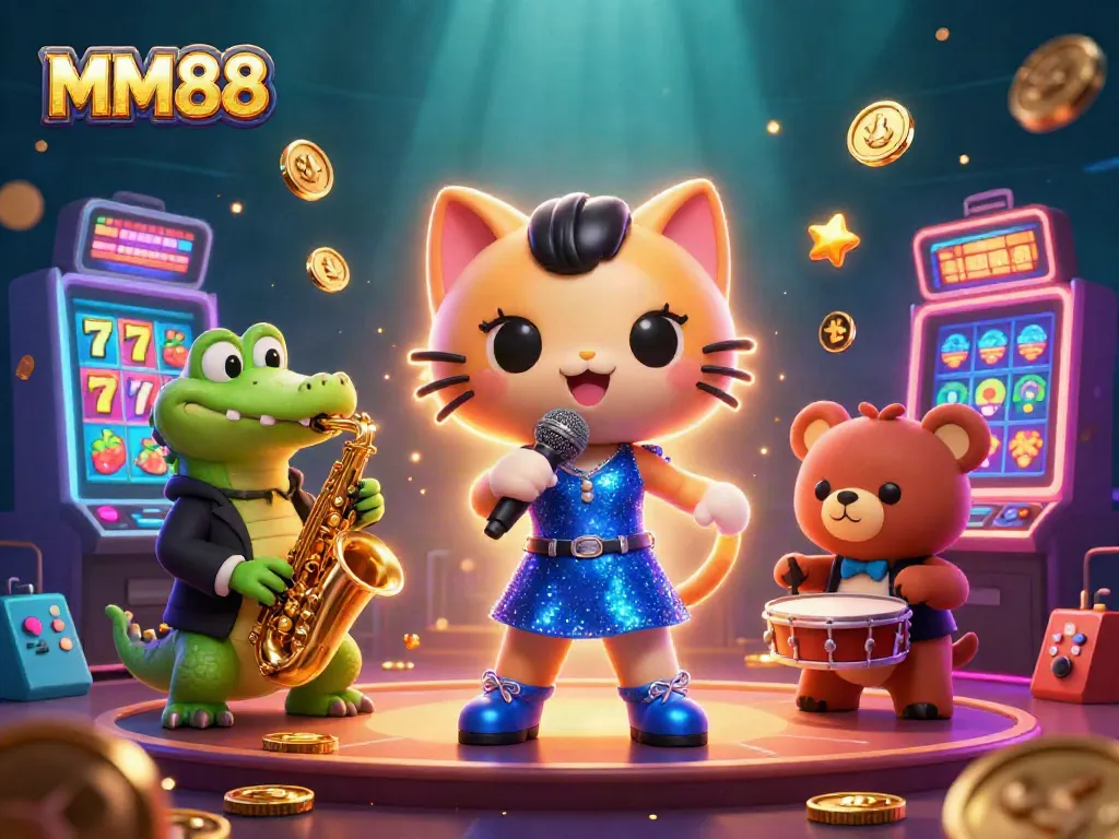 Experience gaming excitement with MM88 as a jazz-singer cat entertains at a vibrant casino.