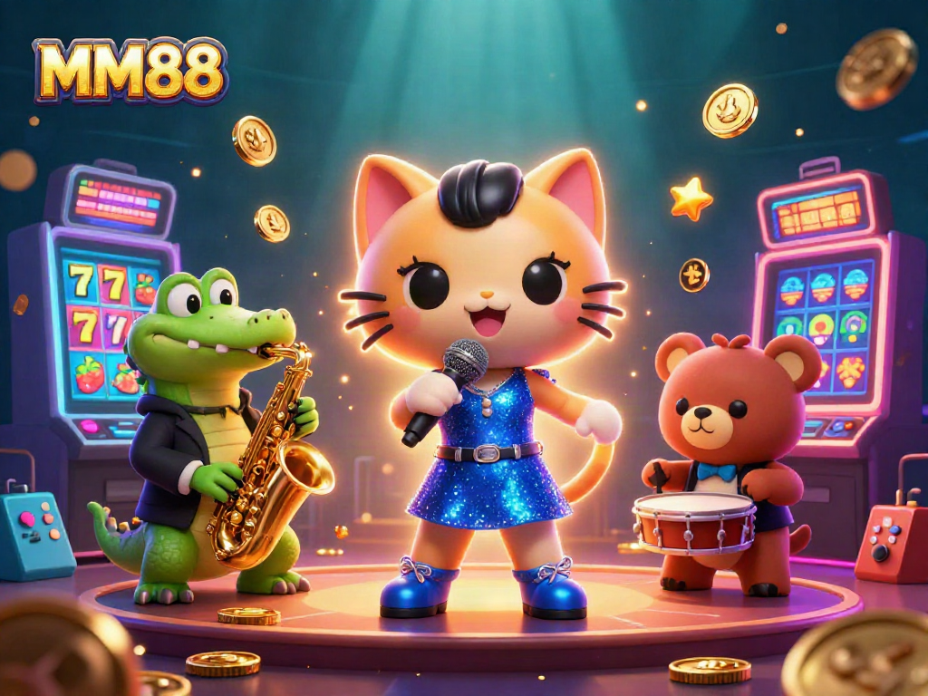 Experience gaming excitement with MM88 as a jazz-singer cat entertains at a vibrant casino.