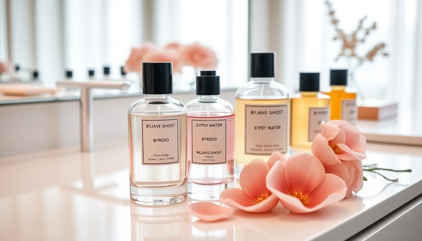 Display showcasing Byredo perfume dupes with luxurious glass bottles and fresh flowers.