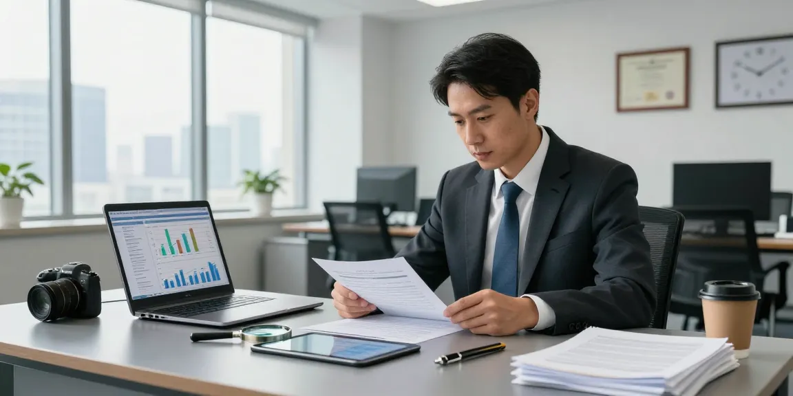 Forensic auditor analyzing financial documents at a modern office, showcasing aafikotasurabaya.org's commitment to professional standards.