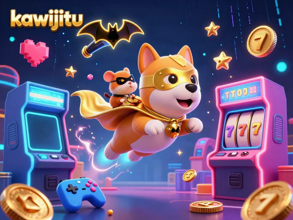 Kawijitu showcases a playful scene with a superhero dog and hamster amidst glowing arcade elements and slot game symbols.