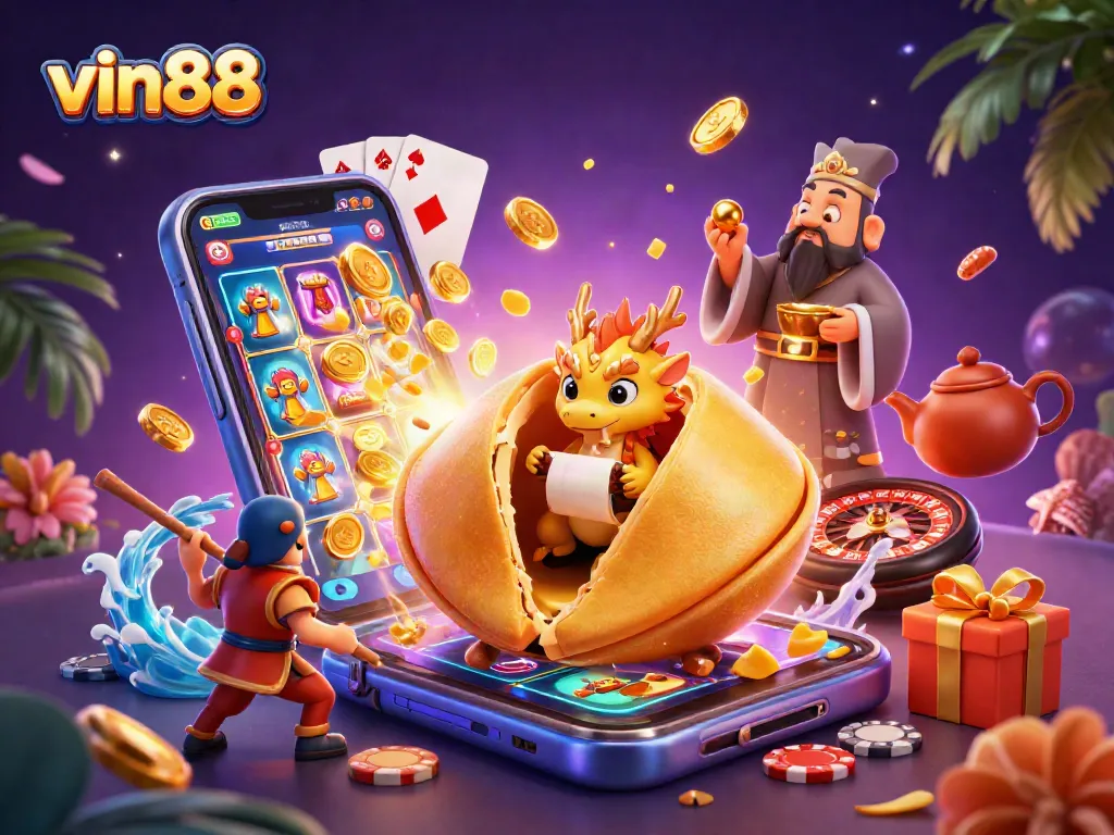 Win big with vin88 at an engaging online casino scene featuring enchanting game elements.