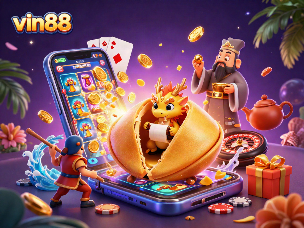 Win big with vin88 at an engaging online casino scene featuring enchanting game elements.