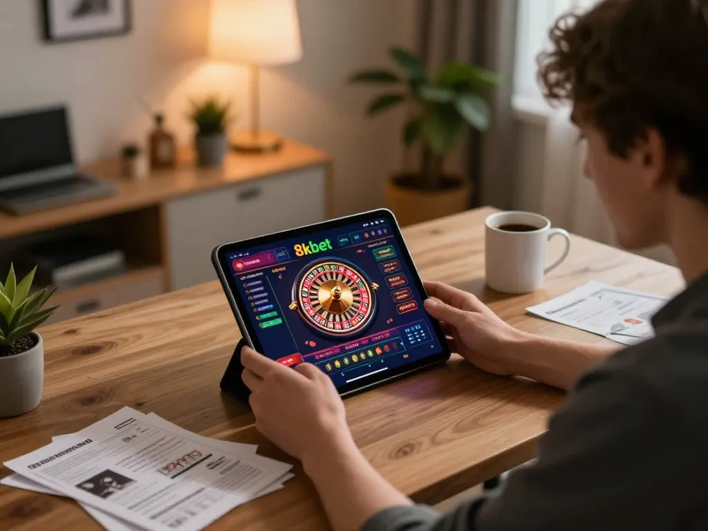 Engaged user playing 8kbet casino games on tablet with notes, showcasing strategic betting