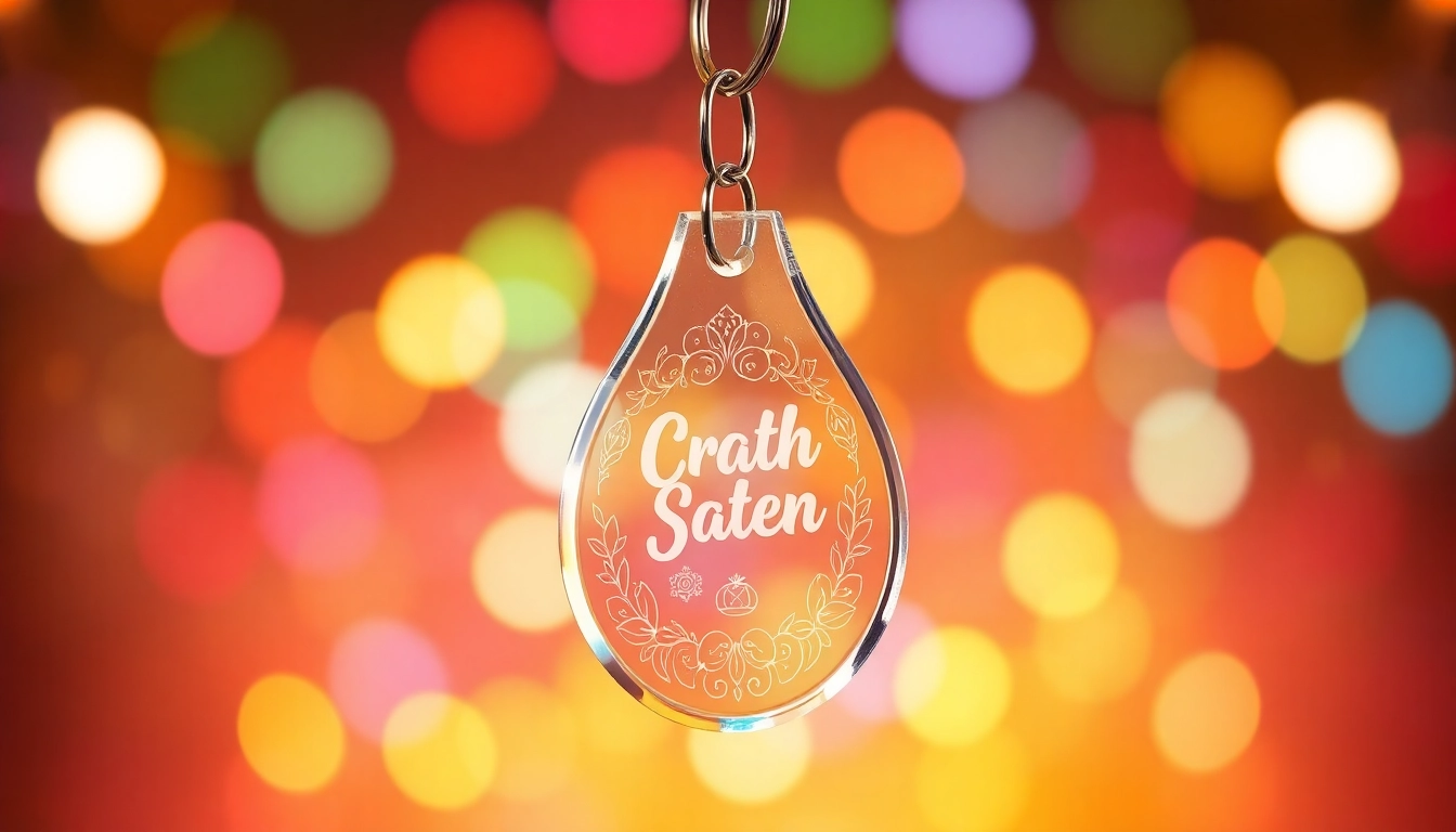 Showcase vibrant acrylic keychain custom with intricate designs displayed prominently.