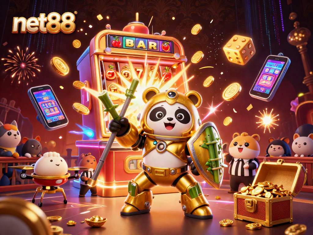 Experience thrilling casino excitement with net88's vibrant jackpot scene featuring a golden panda and dynamic game elements.