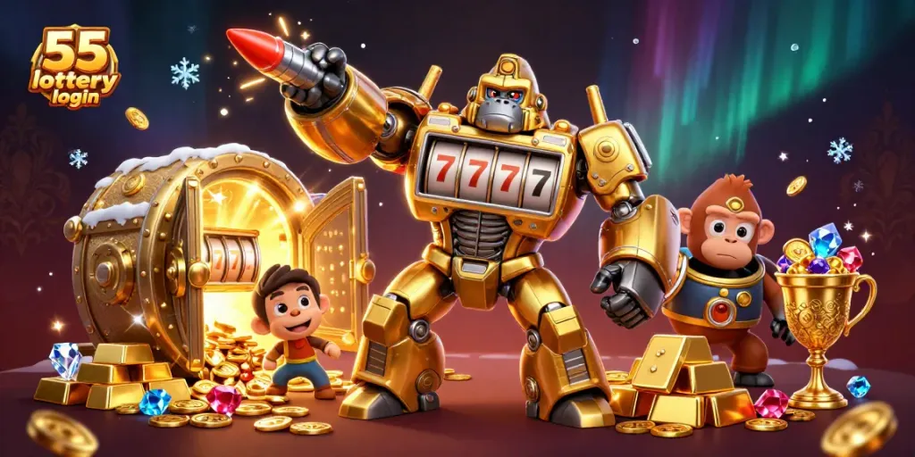 Experience the thrill of 55 lottery login with dynamic visuals showcasing exciting casino elements and gold treasures.