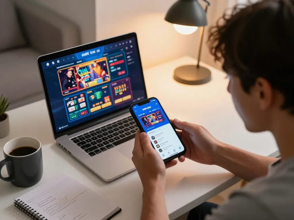 Engaged player using iwinclub app on smartphone with active gameplay displayed on modern desk setup.