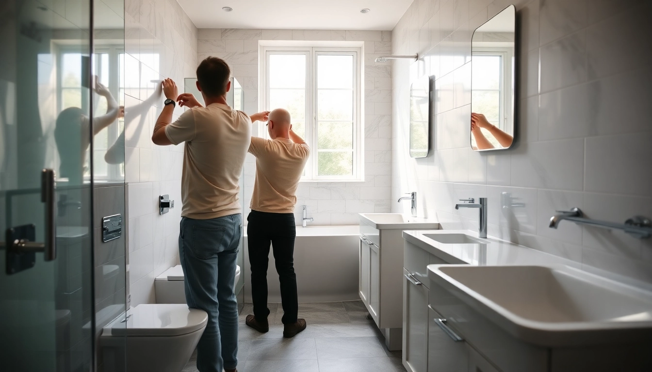 Manchester bathroom fitters expertly installing fixtures in a modern bathroom setting.