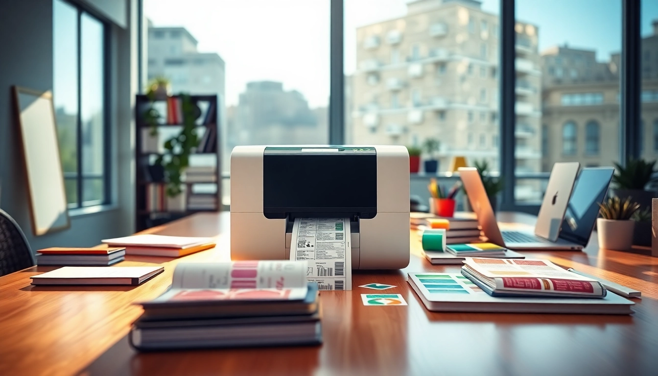 Modern label printer in action with colorful labels on a clean desk.