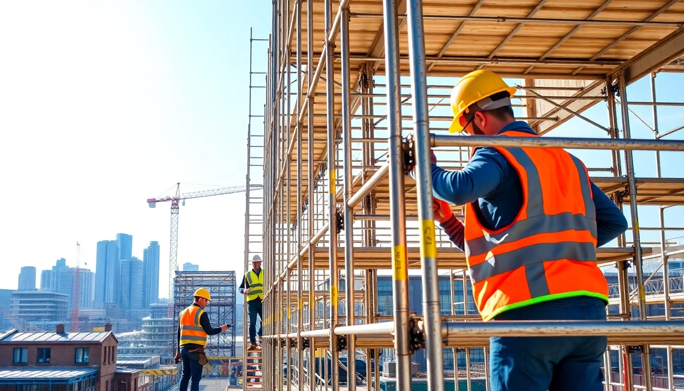 Workers erecting Scaffolding Manchester structures on a vibrant construction site.