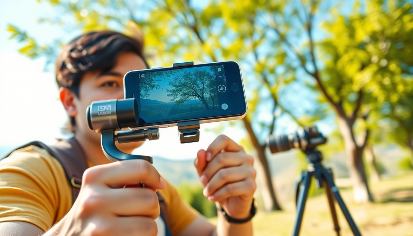 Dynamic scene of a phone gimbal enhancing filming experience outdoors.
