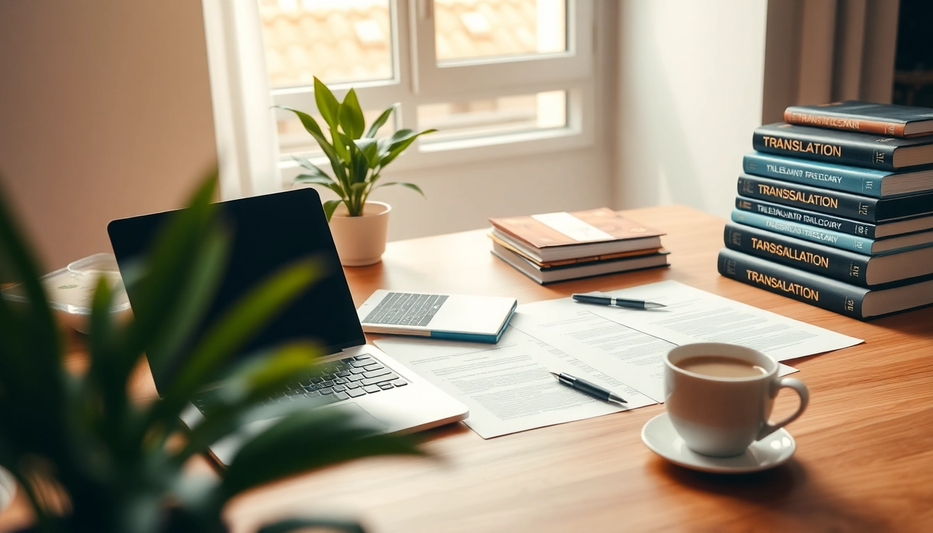 Certified translation workspace with documents, laptop, and dictionaries in a professional setting