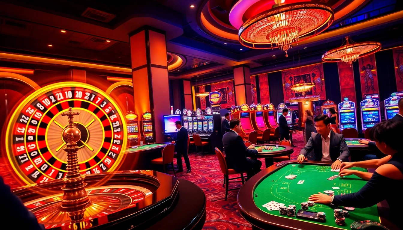 Engaging scene of a casino with players at tables enjoying ingatbola88 games, showcasing the excitement of gambling.