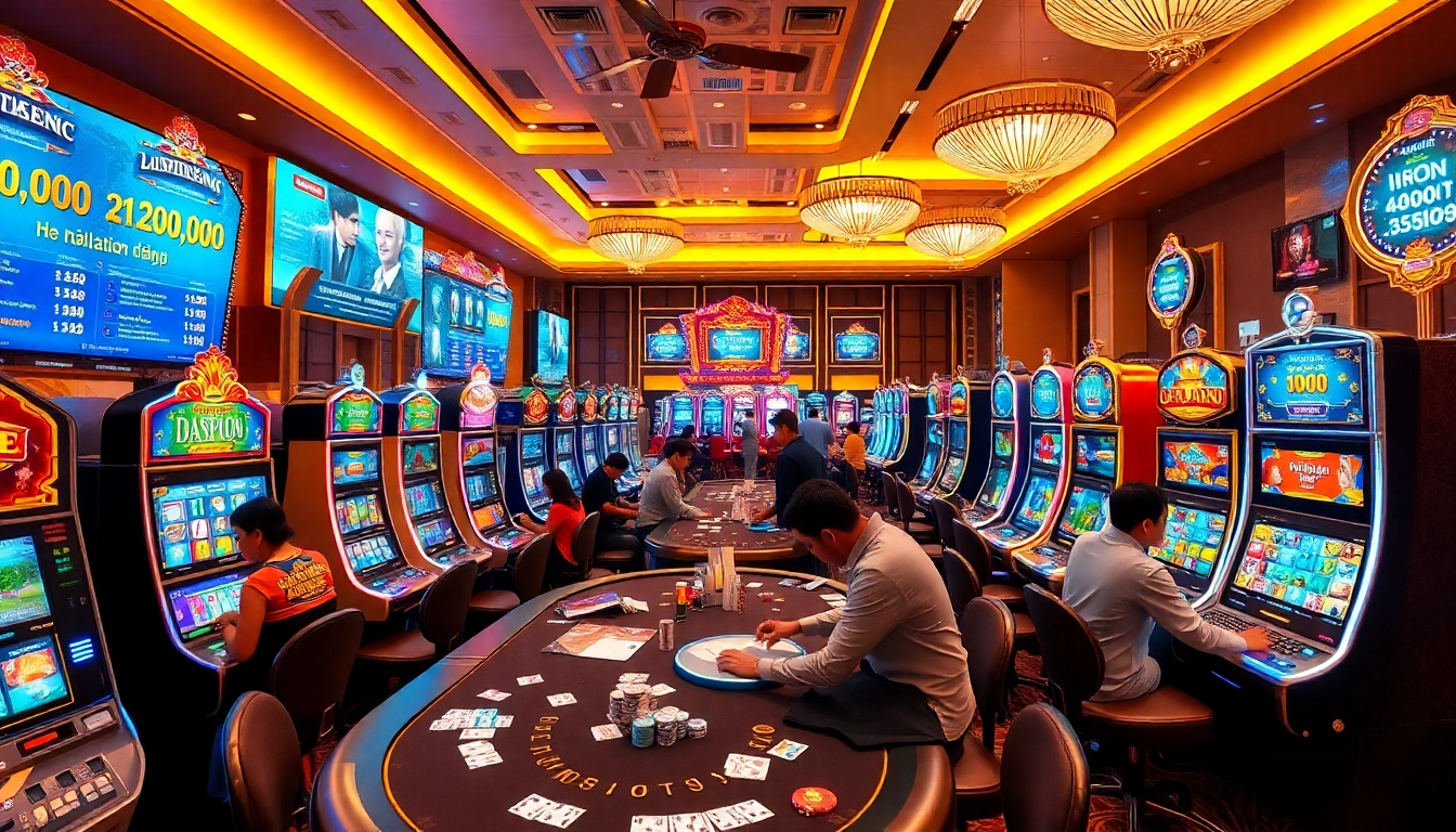 Nổ hũ đổi thưởng excitement captured in a bustling casino scene with slot machines and enthusiastic players.
