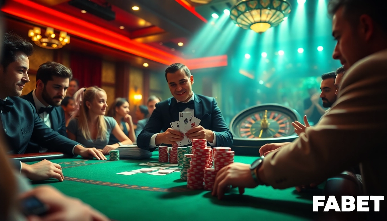 Experience thrilling wagers at FABET’s luxurious casino table with vibrant poker chips.