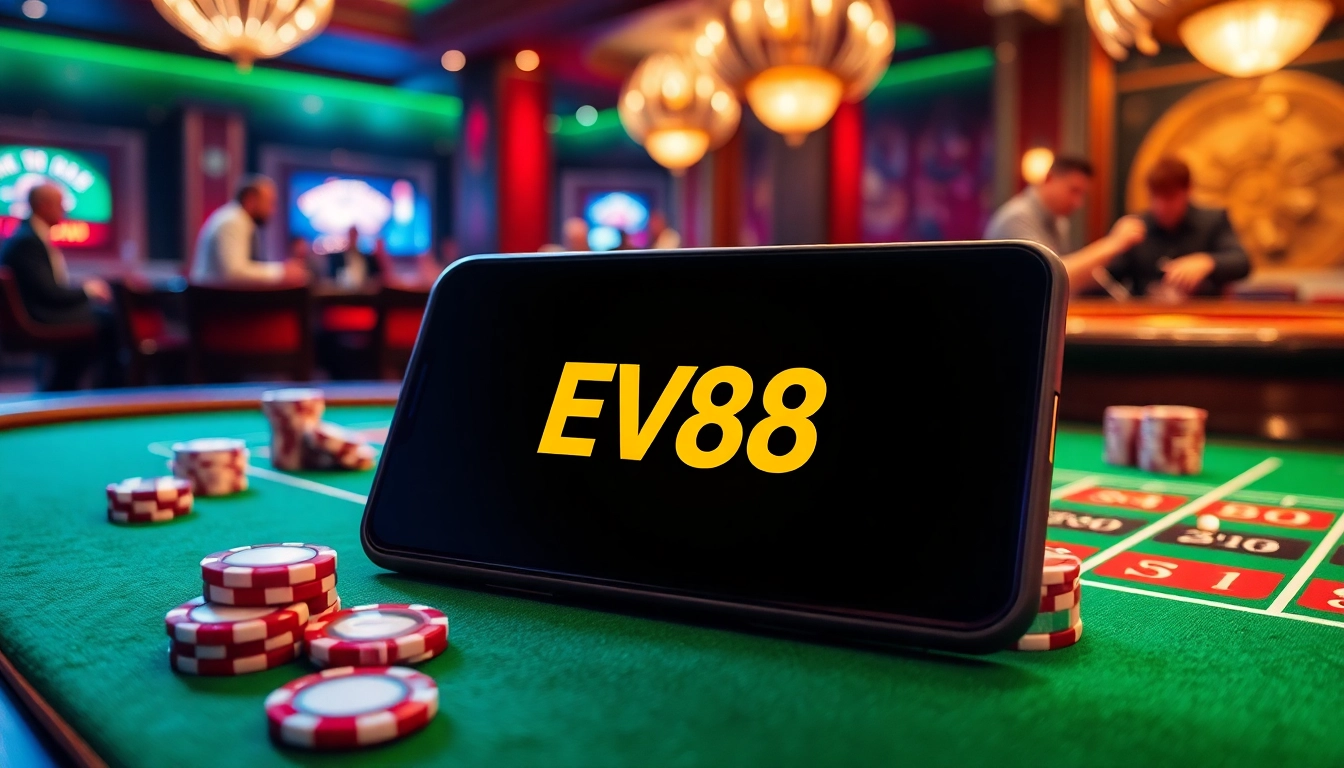 Experience the thrill of gambling with the App EV88 showcasing vibrant casino elements in a luxurious setting.