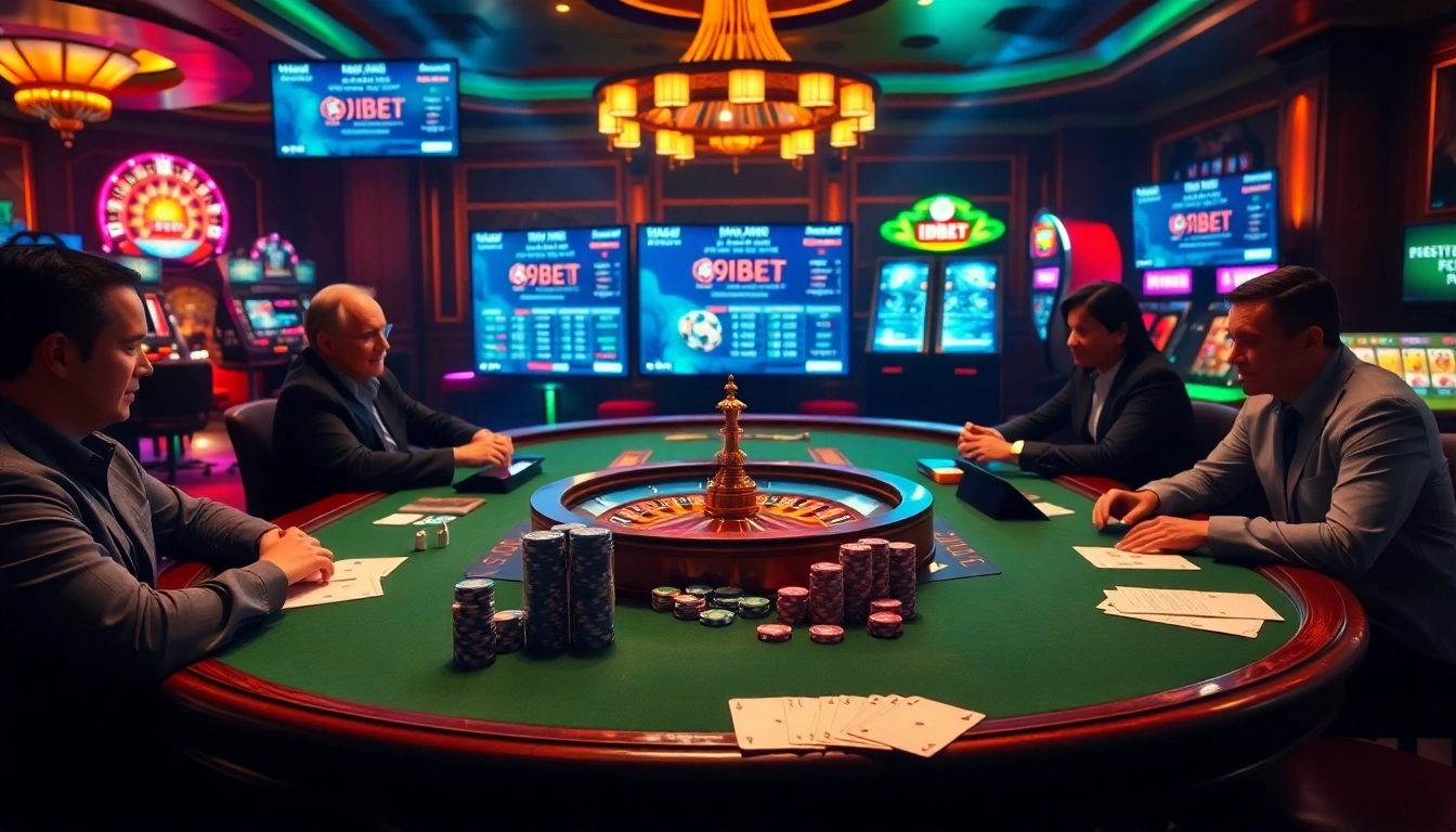 Players enjoying a high-stakes game at an i9bet casino table with vibrant chips and cards.