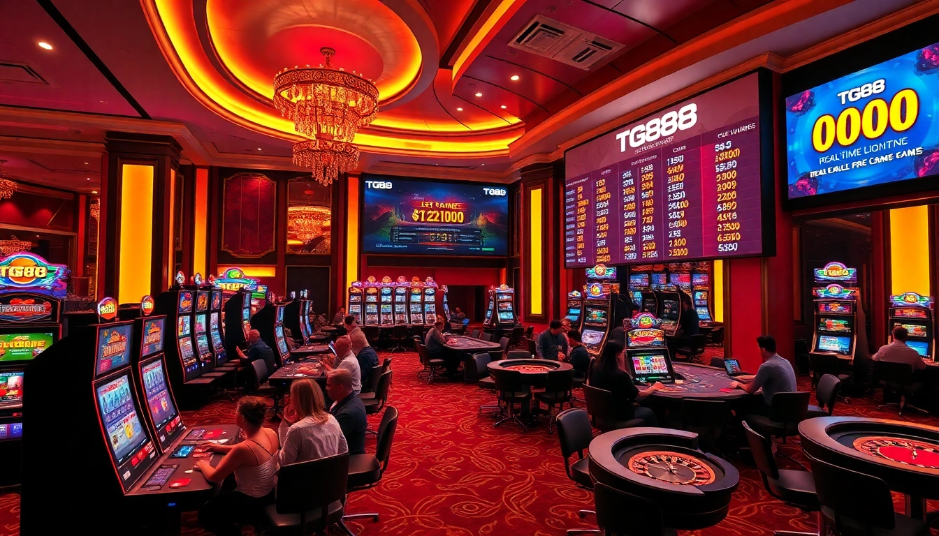 Gamblers engage in games at a vibrant casino with a luxurious TG88 digital display.