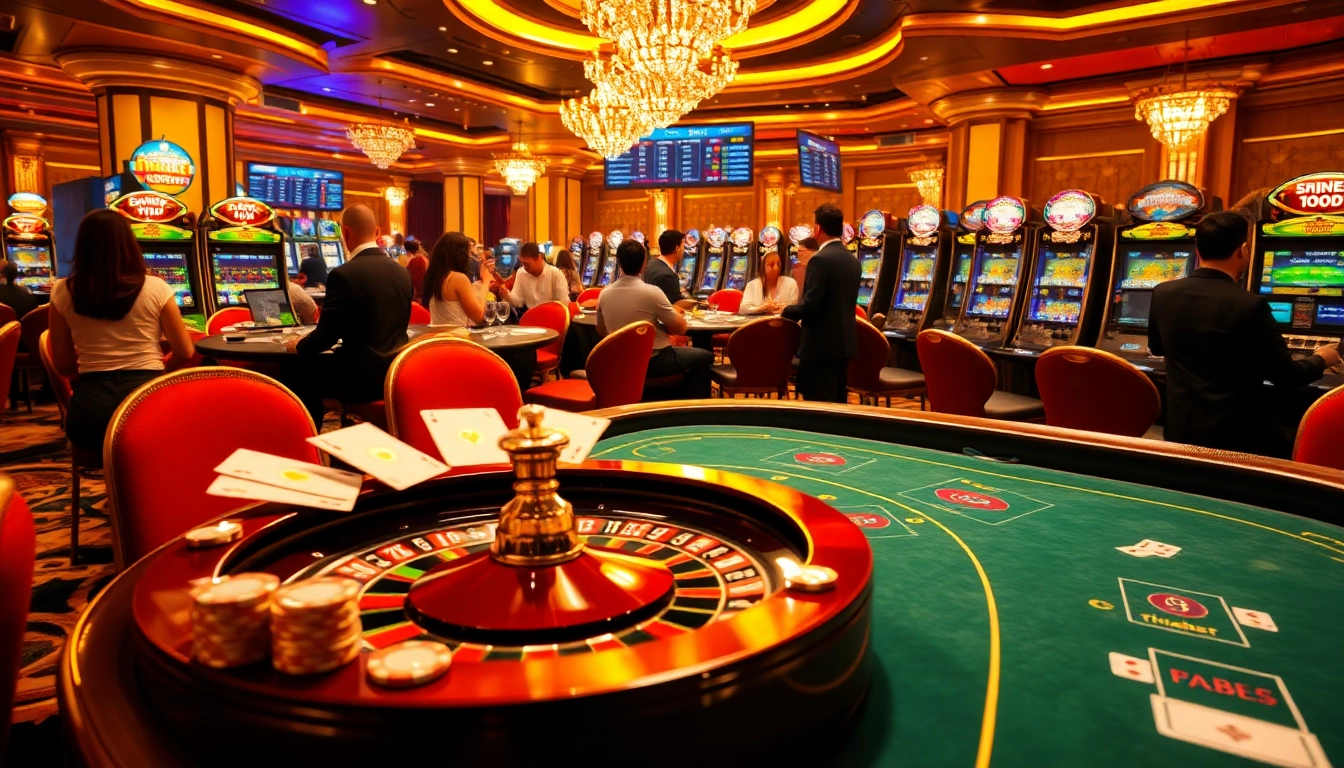 Players engaged in casino excitement at thabet.com, featuring poker tables and slot machines.