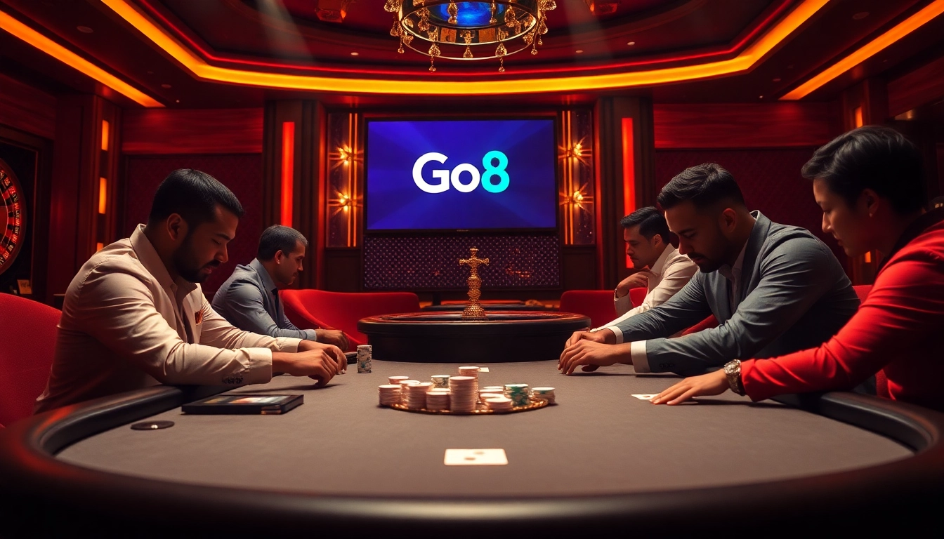 Go8 casino players experiencing the thrill of high-stakes poker with professional elements.