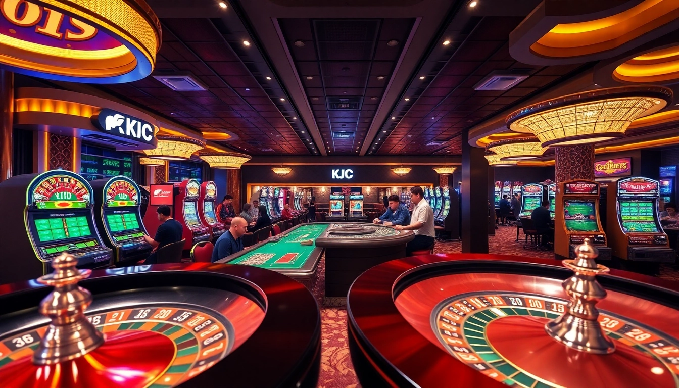 KJC casino scene with vibrant slot machines, poker tables, and roulette wheels full of excitement.