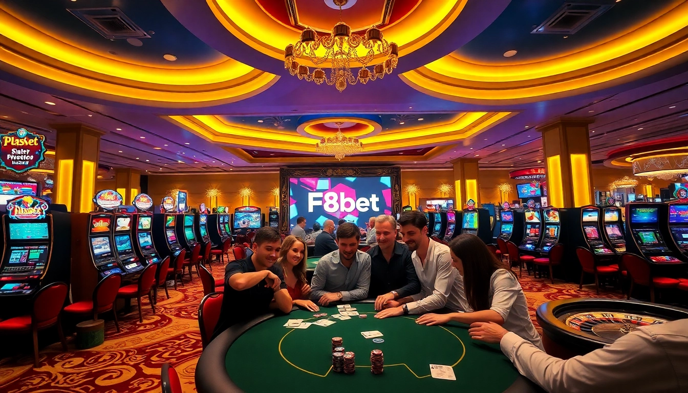 Players celebrating a win at F8bet, showcasing vibrant slot machines and poker tables.
