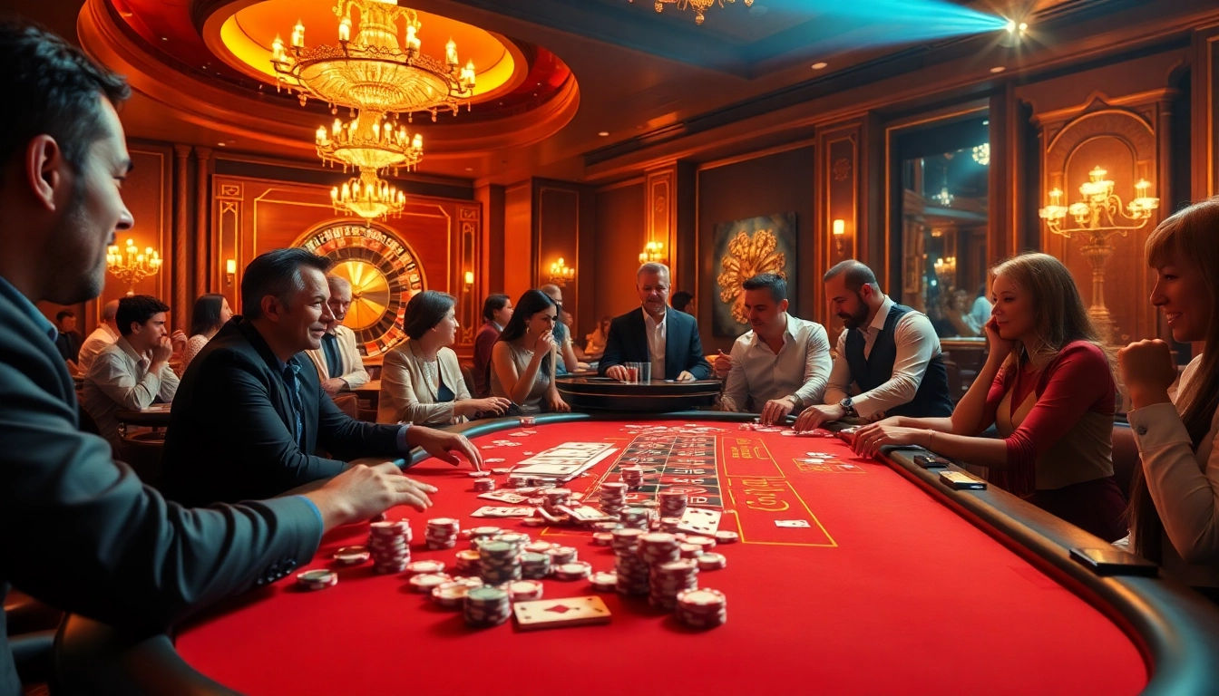 Engaging F168 gambling scene with excited players at a casino table, showcasing poker chips and cards.