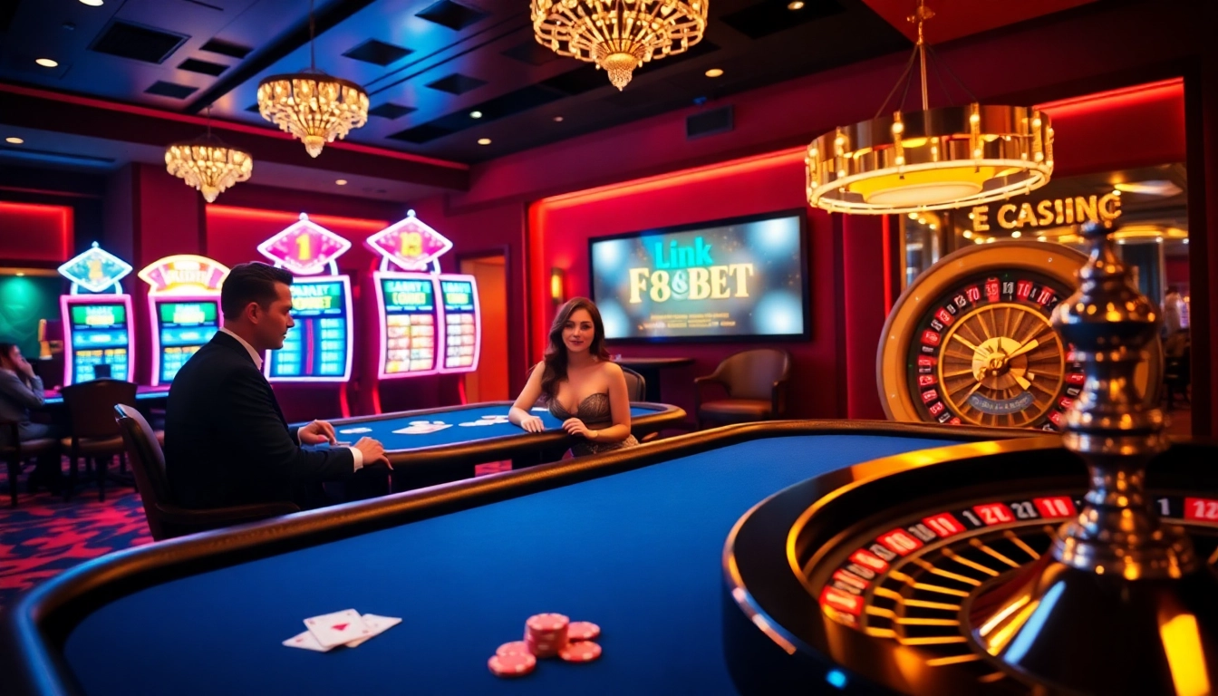 Exciting gamblers engaging in high-stakes poker while showcasing the Link F8BET online platform.