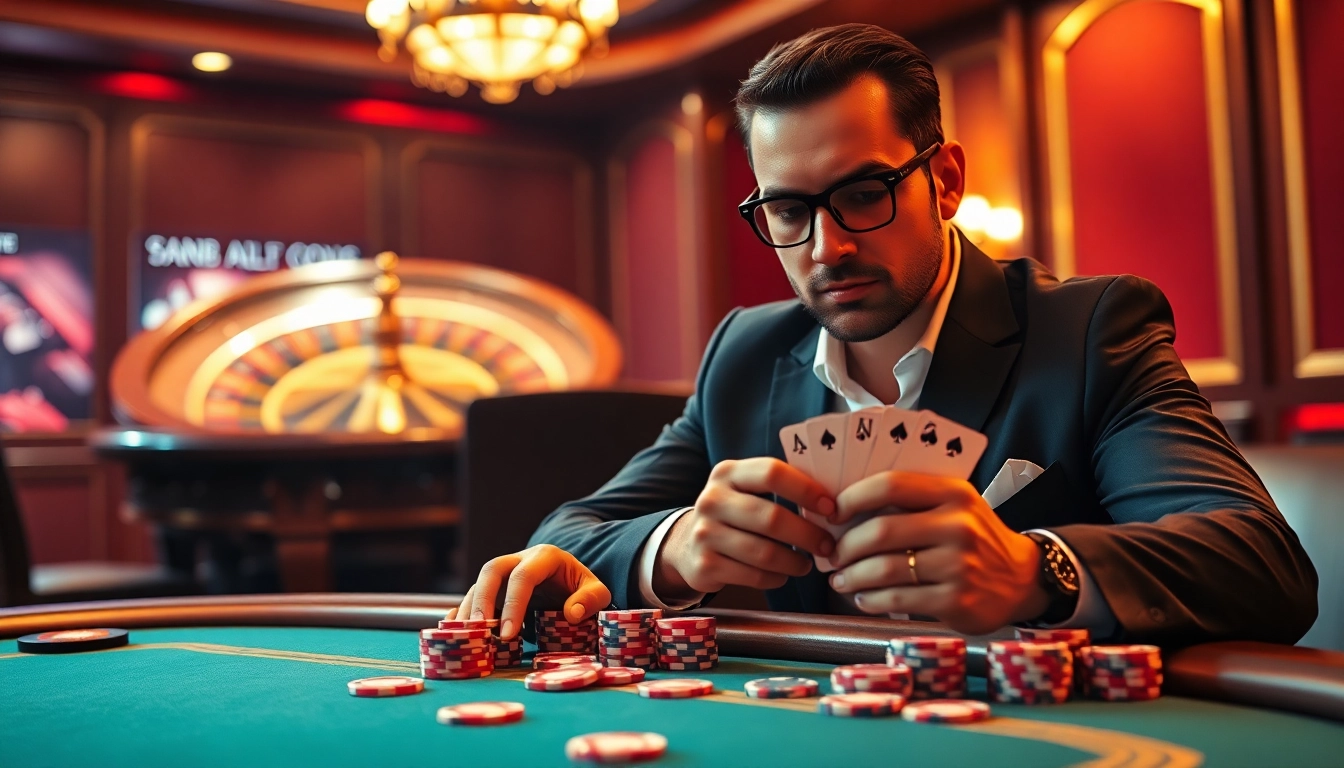 MM88 gambler showcasing skill at a polished poker table with roulette wheel in background.